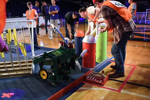 One teams robot named John Gear stopped at the edge of the competition floor
