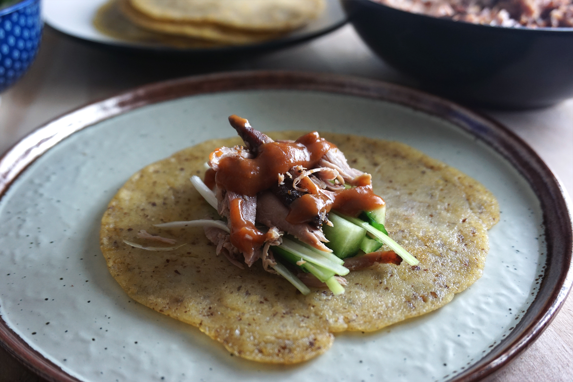 Gluten free Chinese crispy duck with pancakes, Ayam hoi sin sauce, spring onions and cucumber sticks