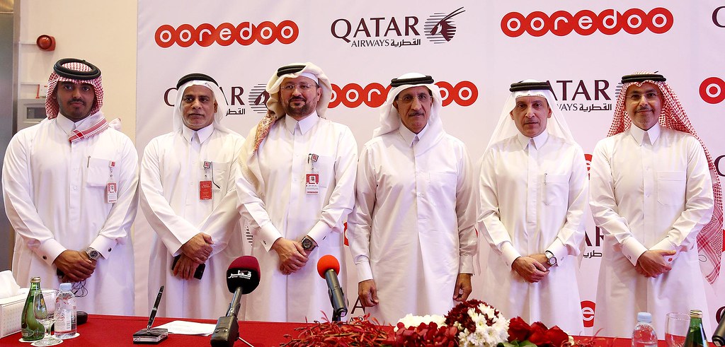 From right; Sheikh Saud Bin Nasser Al Thani, Group CEO of Ooredoo; H.E Mr. Akbar Al Baker, Qatar Airways Group Chief Executive; H.E. Sheikh Abdulla Bin Mohammed Bin Saud Al Thani, Chairman of the Board of Directors for Ooredoo; Mr. Waleed Al Sayed, CEO Ooredoo Qatar; Mr. Yousef Abdulla Al Kubaisi, COO Ooredoo Qatar and Sheikh Nasser Bin Hamad Al Thani, Chief New Business Officer Ooredoo.