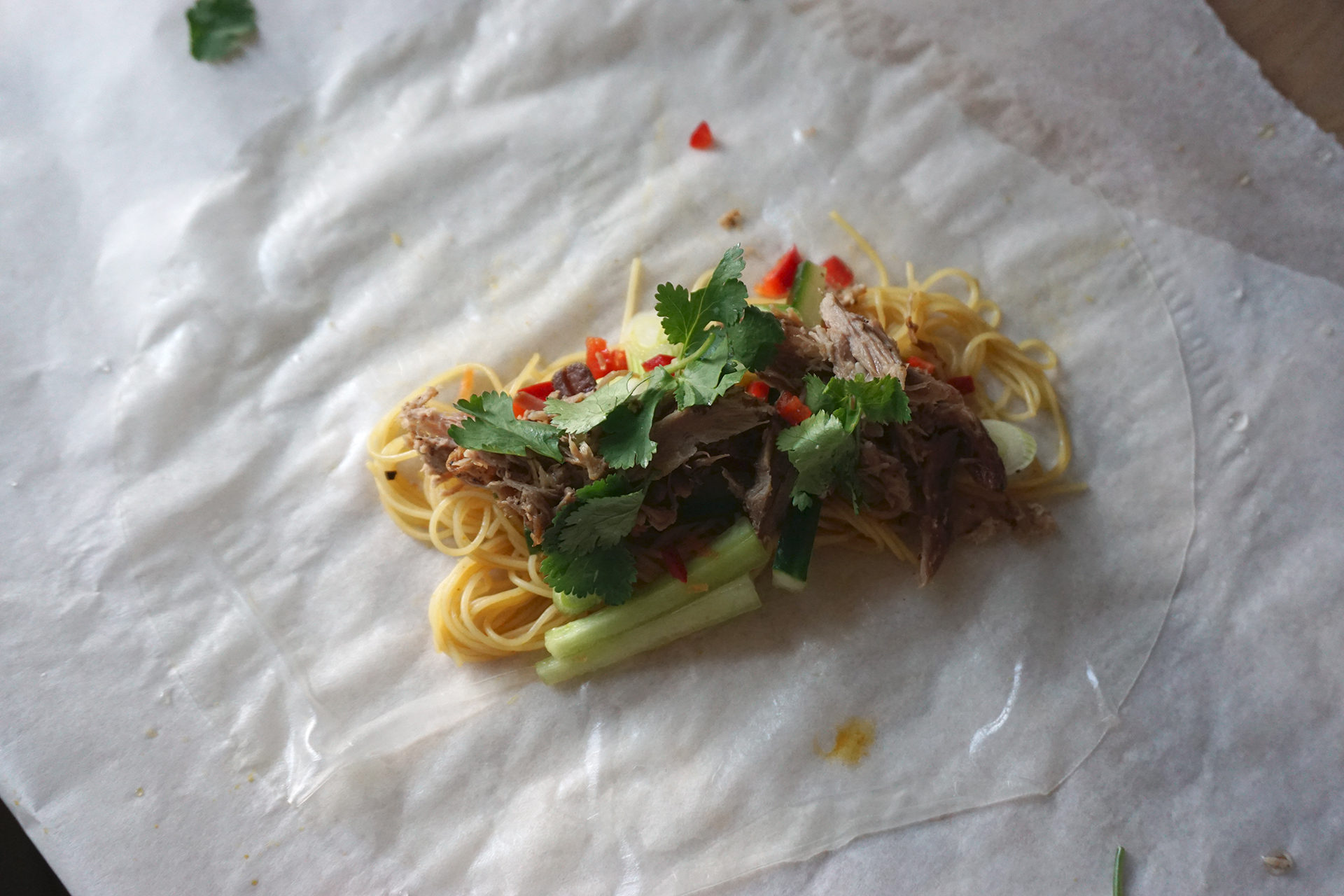 Gluten free Chinese crispy duck spring rolls made with easy Singapore noodles