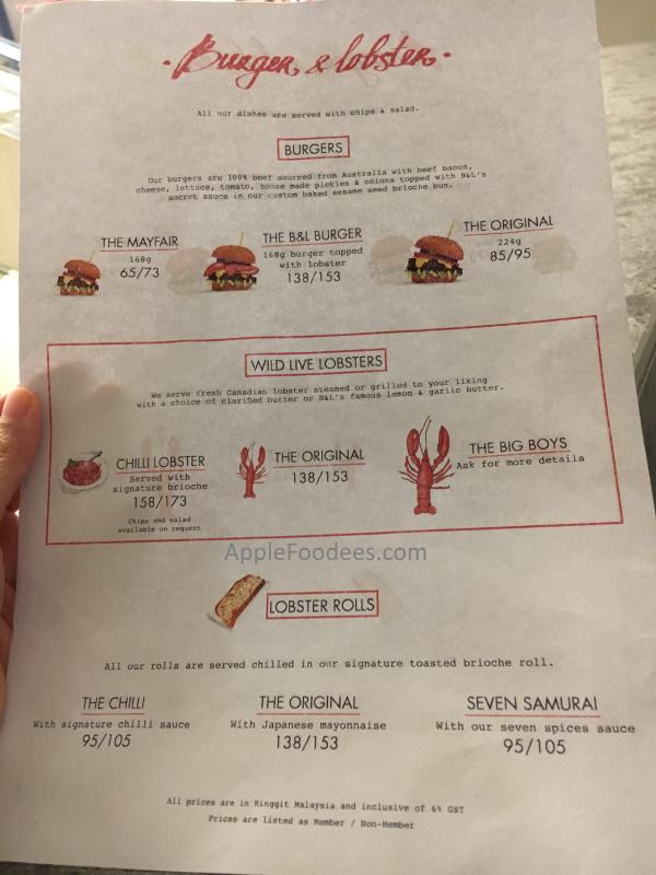 Burger and Lobster Malaysia Menu