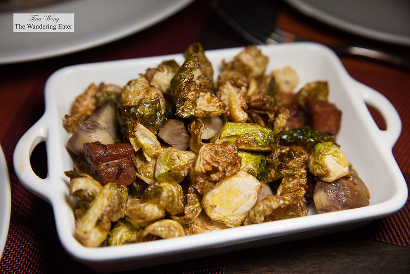 Side of caramelized Brussels sprouts, chestnuts and pancetta