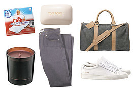 From top left to bottom left clockwise are: Mr. Clean the Mr. Clean Magic Eraser; Tom Ford (Tom Ford) SOAP APC brand bag; Common Projects sneakers; Baldwin jeans; the candles Hotel Costes.
