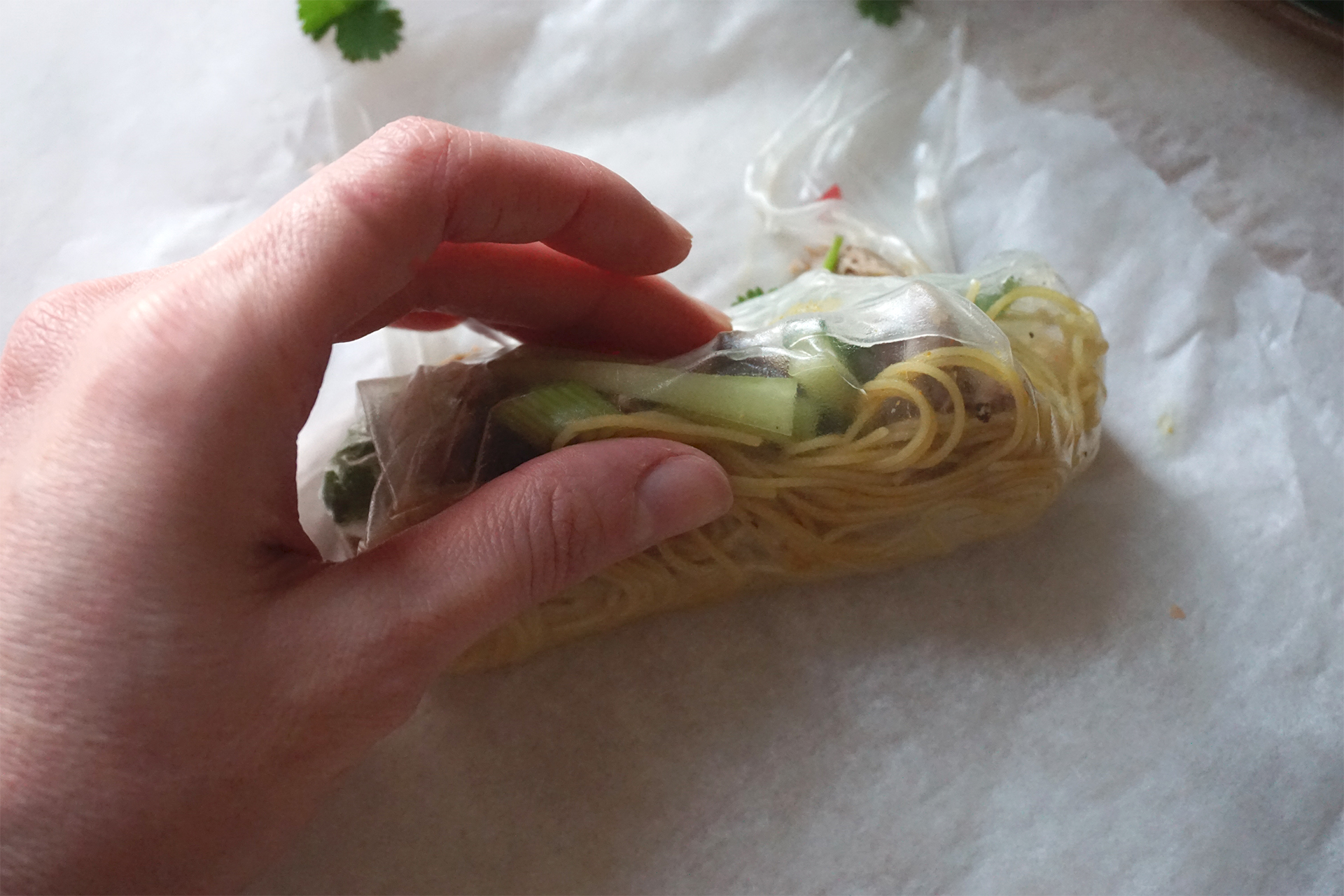 Gluten free Chinese crispy duck spring rolls made with easy Singapore noodles