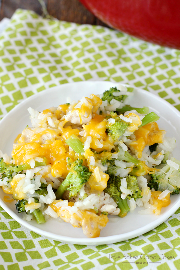 Cheesy Chicken Broccoli & Rice Skillet on a white plate.