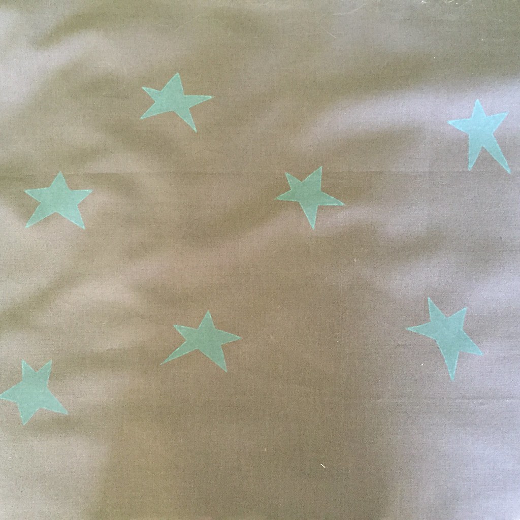 blue screen-printed stars on a dark grey fabric