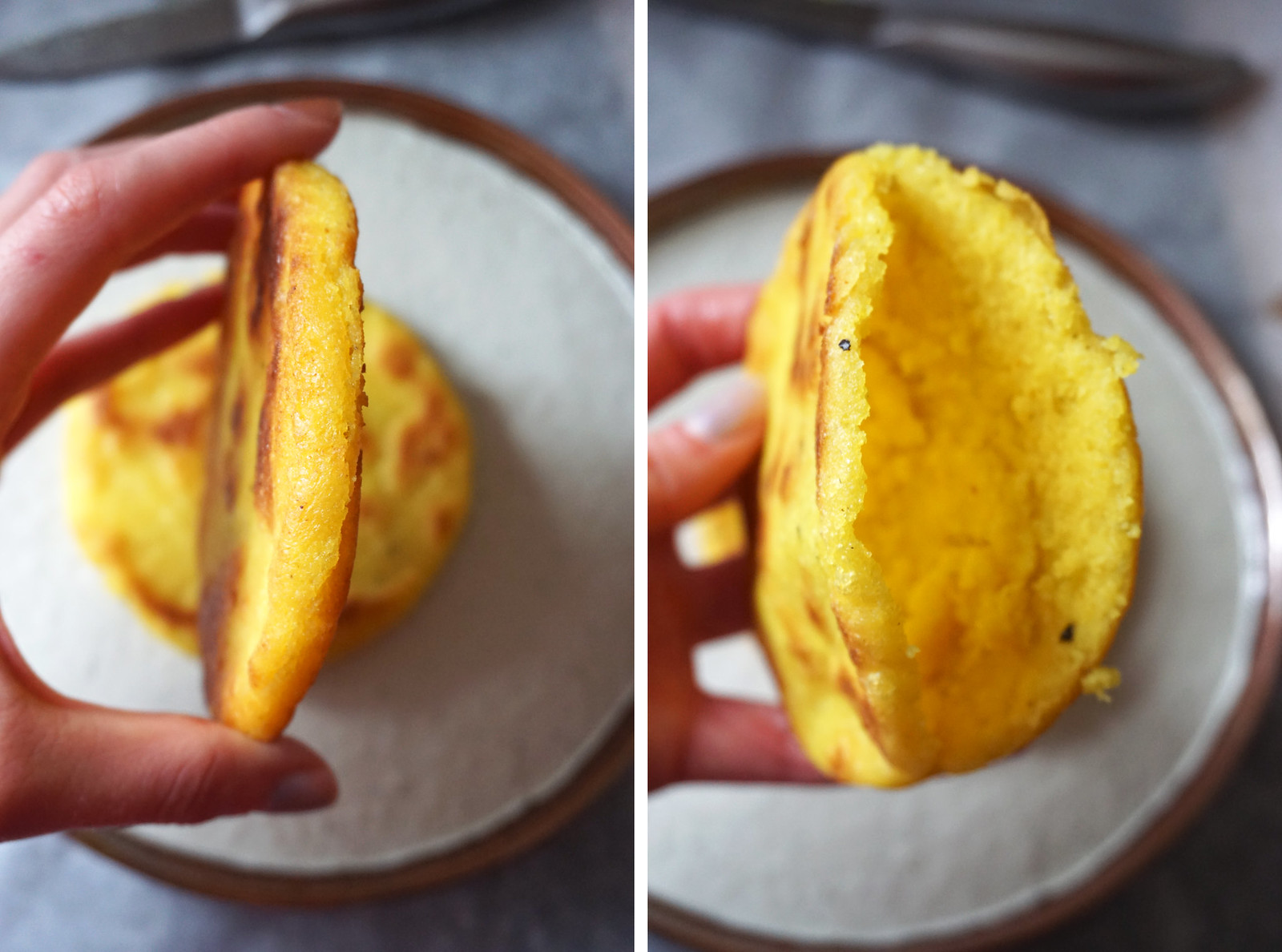 Gluten free arepas making process - arepa with an opening sliced into it