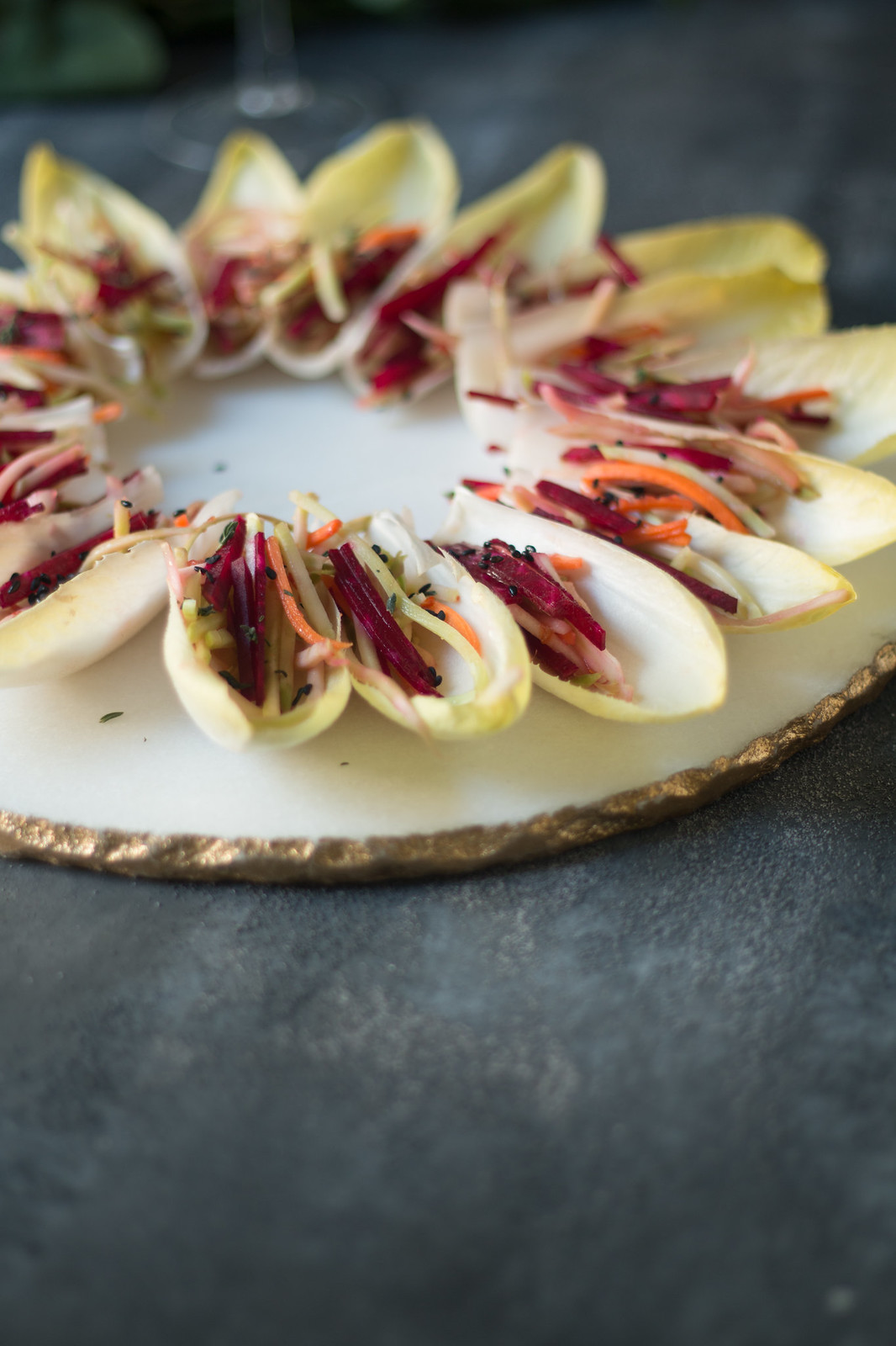 Endive Boats with Beet-Carrot-Fennel in Asian dressing