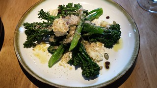 Steamed Broccolini with Pumpkin Seeds, Barberries, Saffron infused fetta, and Pecans at Transformer