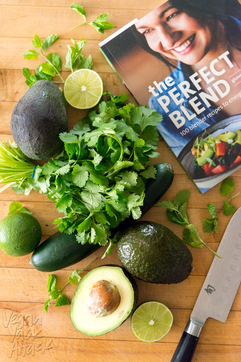 Avocado Avenger from The Perfect Blend Cookbook - An easy chimichurri sauce covering delicious, filled avocados! #ThePerfectBlend #vegan #vegetarian 