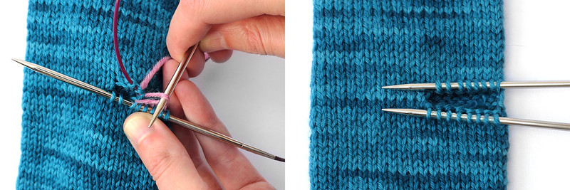 Removing the scrap yarn; thumb stitches held on two ends of the circular needle