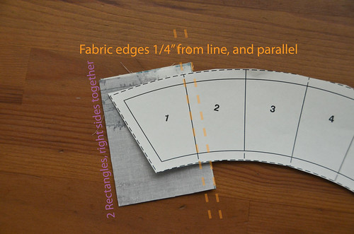 2. Place first two rectangles, right sides together and align edge with line between 1 & 2 rectangles