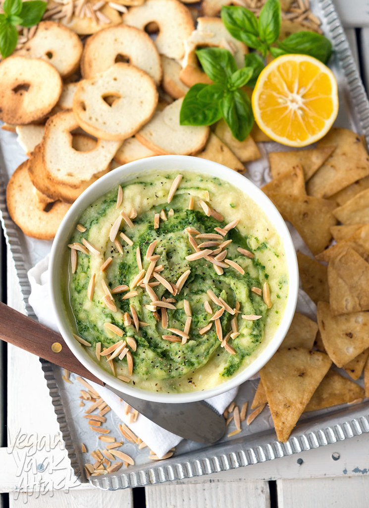 This Creamy Cauliflower Pesto Dip is oil-free, dairy-free, vegan and delicious! It makes for a great, healthy appetizer for parties, or just to snack on.