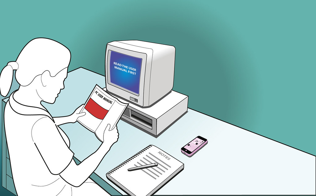 Illustration of PC user reading computer manual for instru… | Flickr