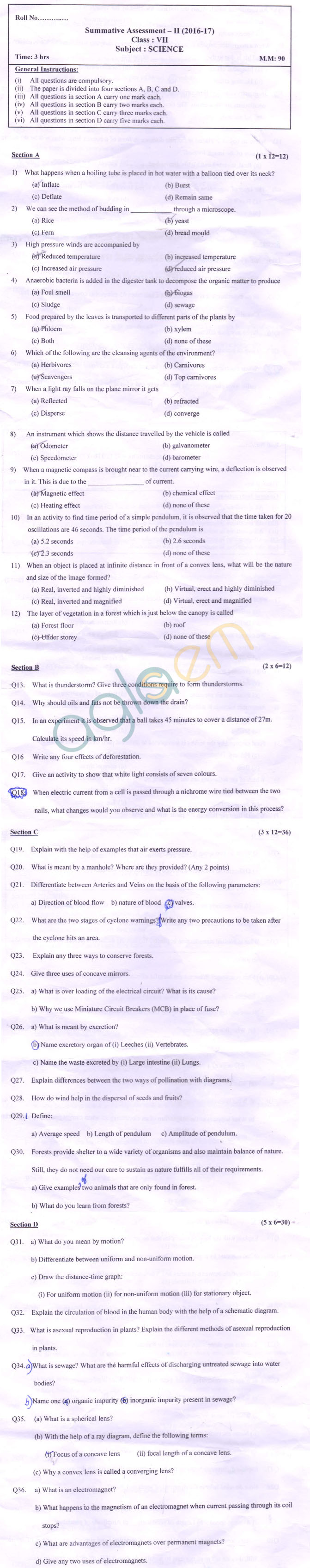 CBSE 2016 Class 7 SA 2 Question Paper for Science