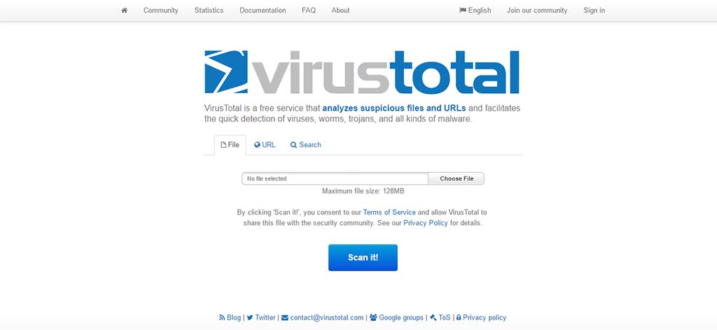 Extremely useful websites #14: This website lets you upload files up to 128 MB and scans for viruses for free.