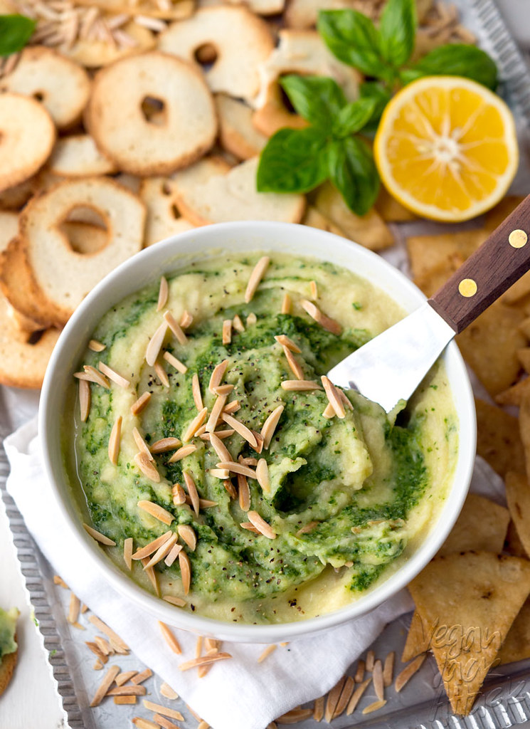This Creamy Cauliflower Pesto Dip is oil-free, dairy-free, vegan and delicious! It makes a great, healthy appetizer for parties, or just to snack on.