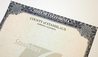 County of Stanislaus Vital Record paper
