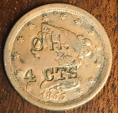 1855 half cent C H. 4 cts mark obverse