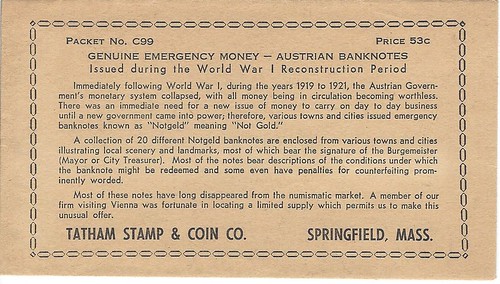 Tatum Stamp and Coin Envelope Austrian Banknotes