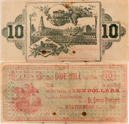 $10 Fresno County Vineyard and Distillery Scrip Note