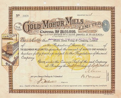 Gold Mohur Mills stock certificate