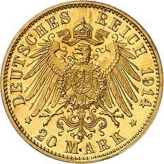 Lot 4378 Bavaria Ludwig III Pattern 20 marks 1914 reverse