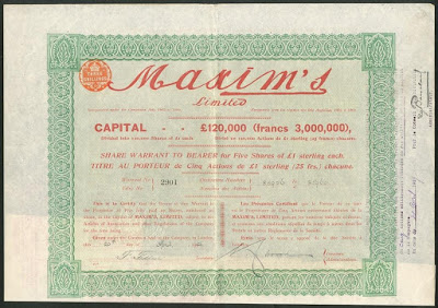 Maxims stock certificate