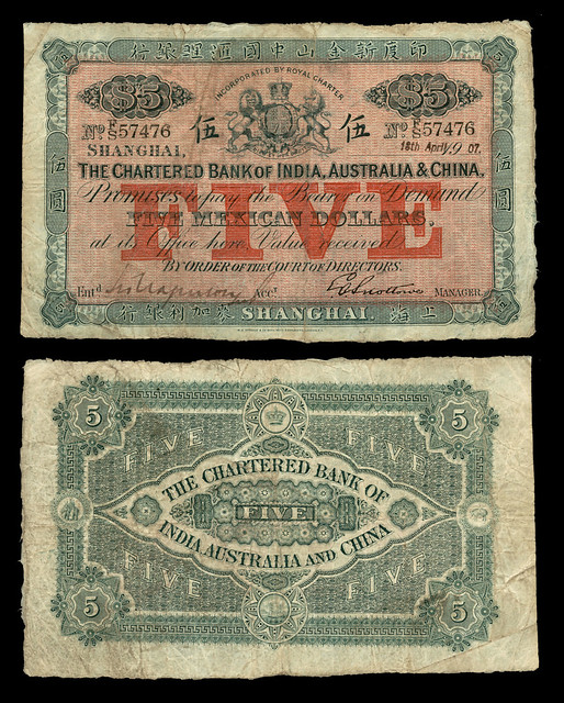 Chartered Bank of India, Australia & China 5 Mexican Dollars