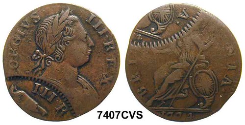 1774 double struck counterfeit British halfpence