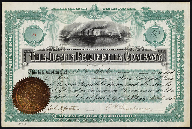 Justin Projectile Company stock certificate