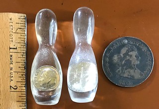 1968 Dimes in duckpin-shaped Lucite