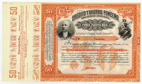 1897 Credito y Ahorro Ponceno 50 Pesos Specimen Bond