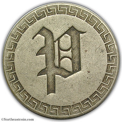 Love token P on counterfeit Seated Quarter reverse