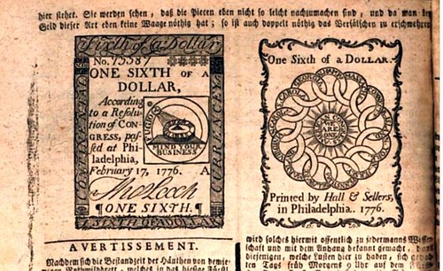 1777 German illustration of One-Sixth Dollar colonial note