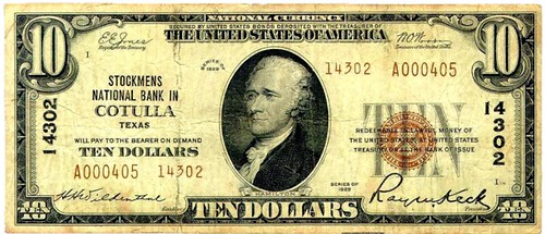 Stockmens National Bank Cotulla Texas $10 front