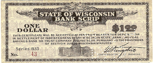 Wisconsin Bank Scrip One Dollar