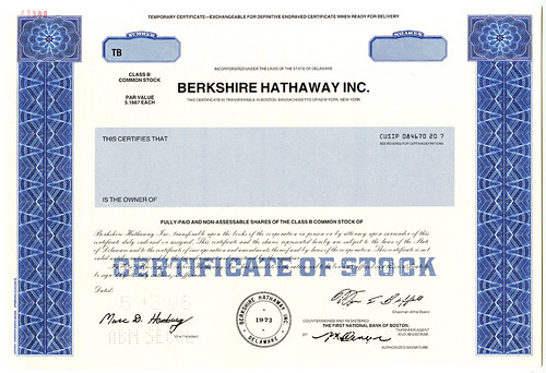 Archive Intl Auction 70 Lot 588 Berkshire Hathaway Stock