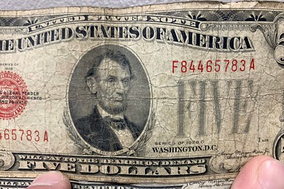 1928 Five Dollar Bill found in amunition round