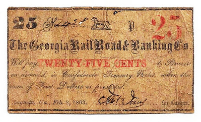 Georgia railroad 25 cent Confederate treasury NOTE  -  kept redeeming them after the War