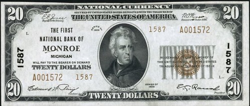 Michigan Monroe Twenty Dollar National Bank Note