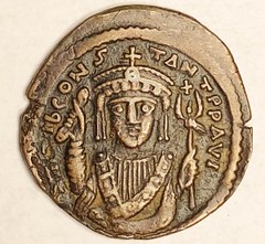 Bronze Follis of Tiberius Constantine obverse