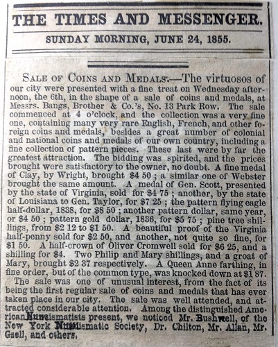 Times and Messenger clipping referring to a New York Numismatic Society in 1855