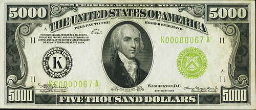 5,000 1934 Federal Reserve Note face