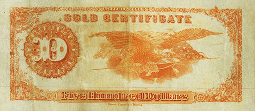 Partially Printed Gold Certificate Error $500 back