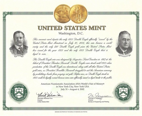 US Mint 1933 Double Eagle souvenir card
