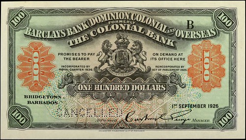 Barbados. Barclays Bank 100 Dollars 1926