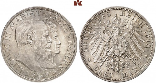 Künker Auction 363 lot 3174 Bavaria Ludwig III 3 marks 1918