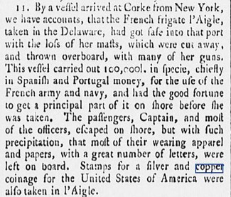 dies for U.S. coinage aboard French ship l'Aigle in 1782