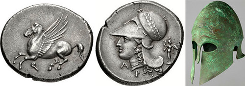 Corinthian stater with Athena wearing a decorative Corinthian helmet